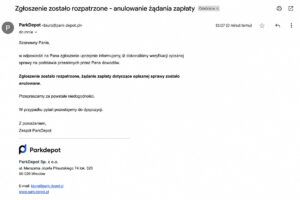 Email anulowanie zapłaty parkdepot