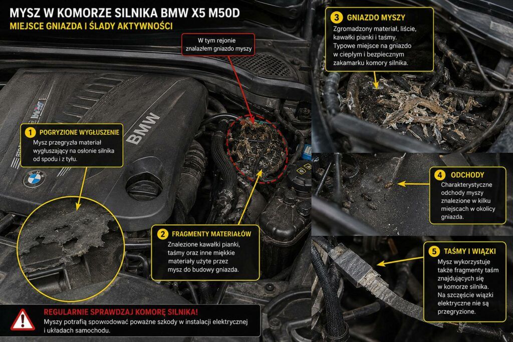 Ślady gryzienia myszy w komorze silnika bmw x5 m50d
