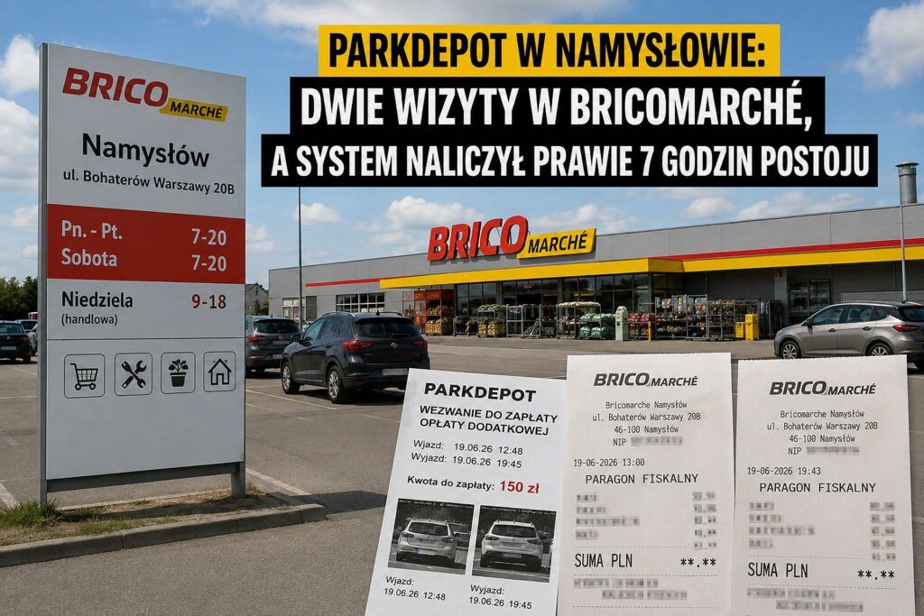 Parkdepot w namysłowie dwie wizyty w bricomarche a system naliczył prawie 7 godzin postoju